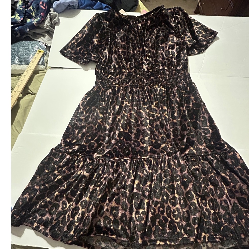 French Connection Womens Leopard Print Velvet Smocked Mini Dress Brown Gold S
